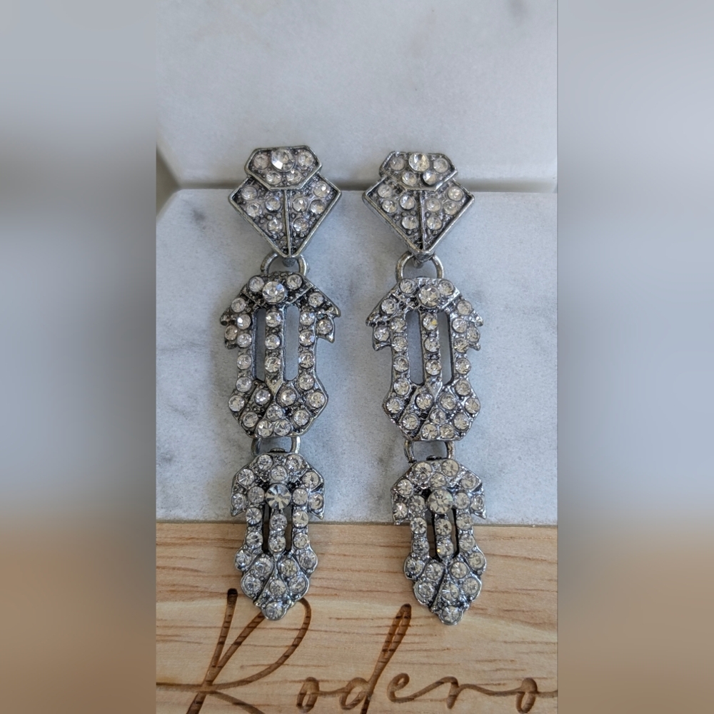 Silver Art Deco Rhinestone Earrings